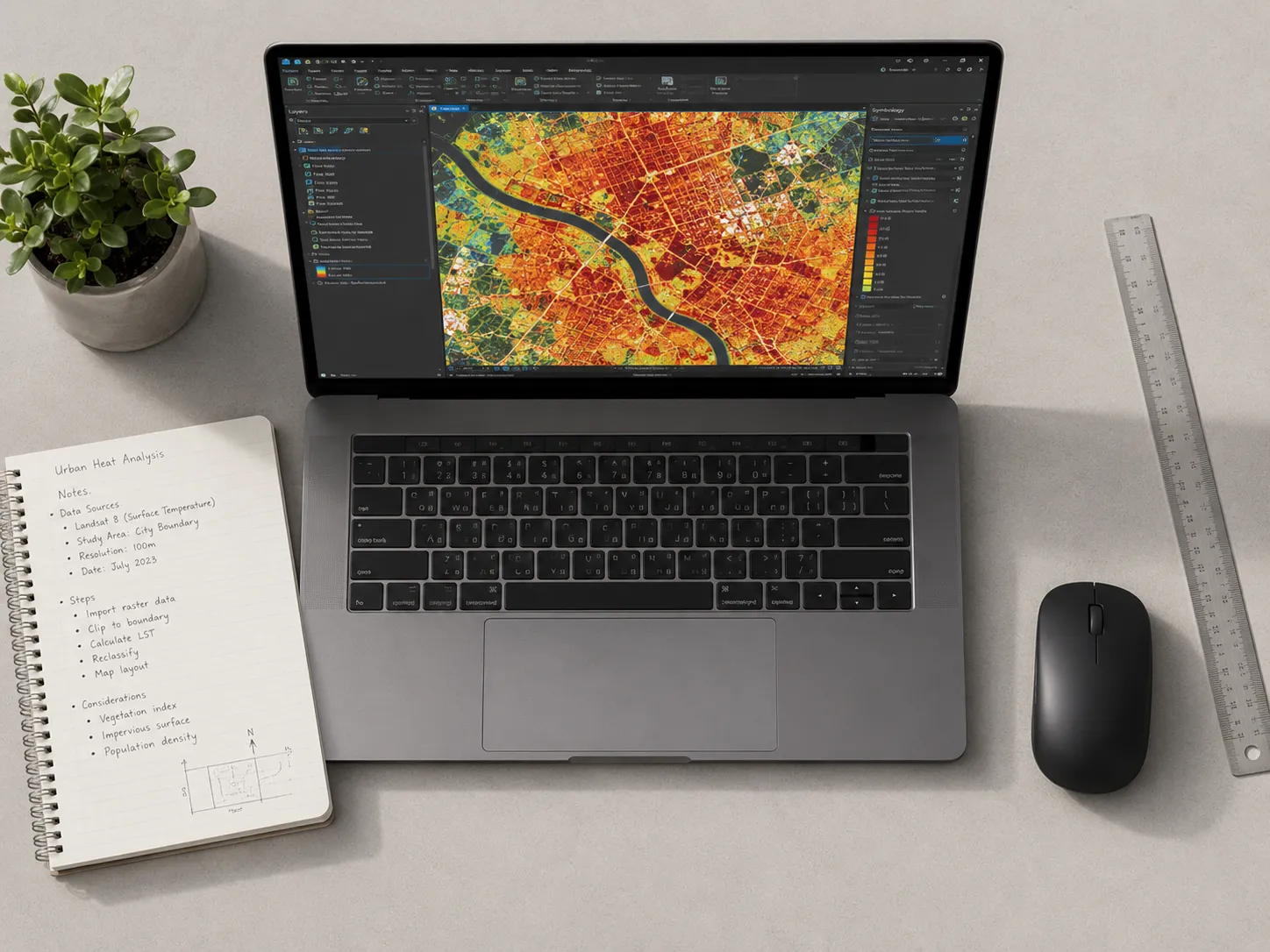 Ferramentas e equipamentos de trabalho de analista em geoprocessamento com mapa urbano em SIG