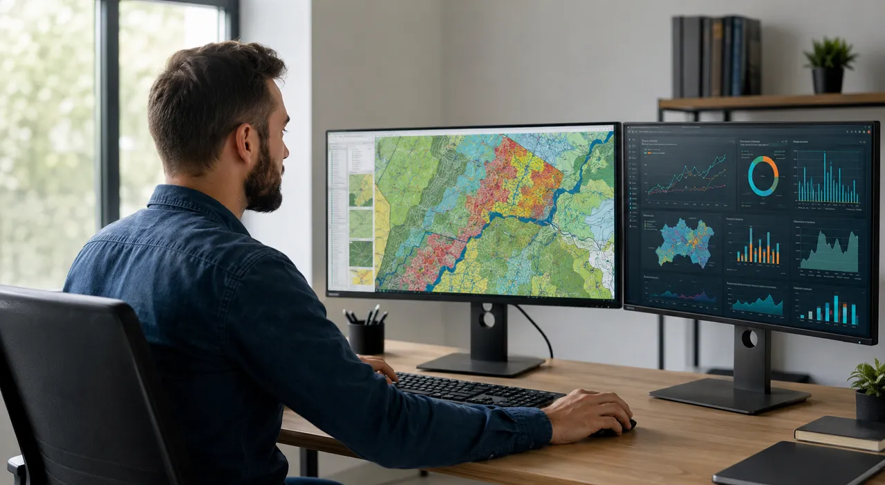 Profissional de geoprocessamento analisando mapas e dados espaciais em ambiente de trabalho técnico