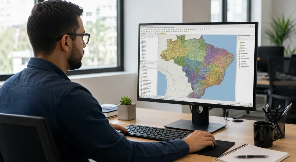 Tela do QGIS exibindo malha municipal do Brasil com camadas vetoriais coloridas por estado