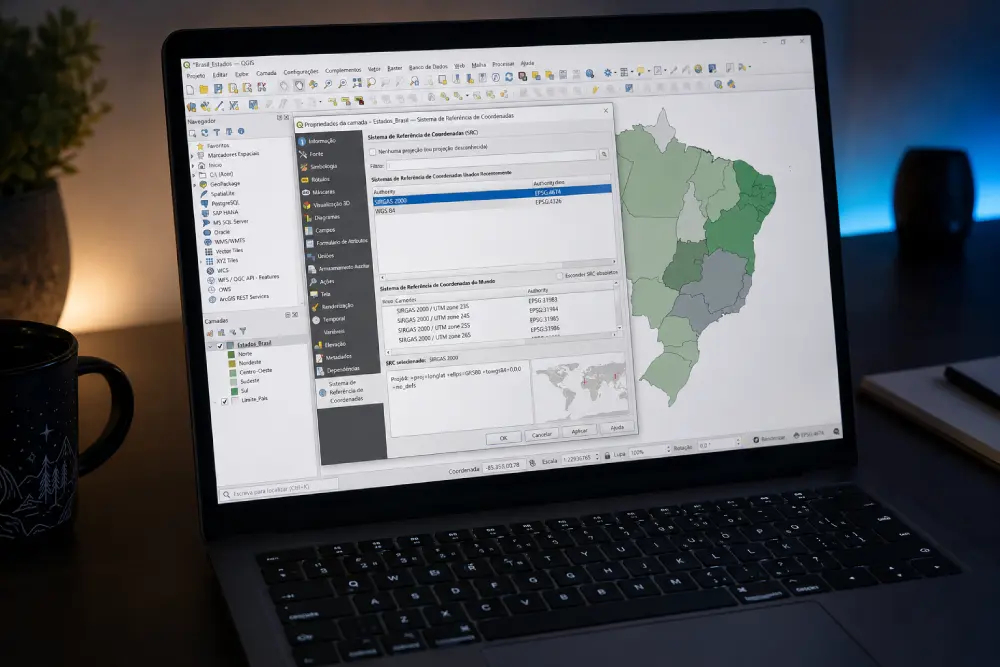 Janela de Sistema de Referência de Coordenadas no QGIS com código EPSG do SIRGAS 2000 selecionado