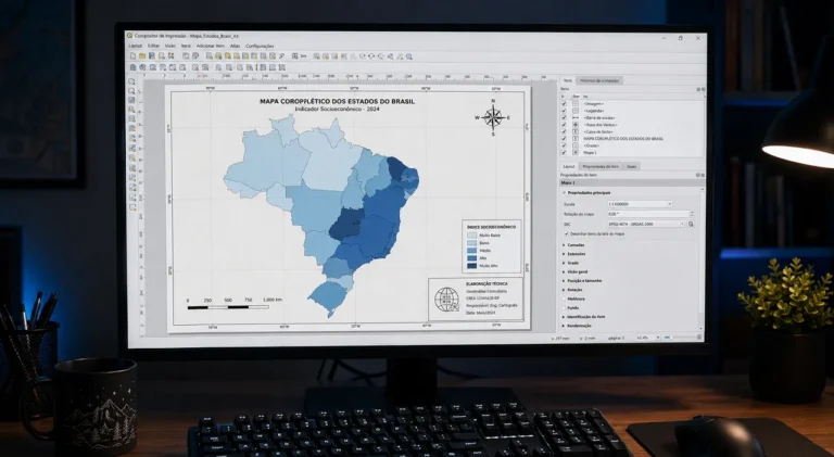 Compositor de Impressão do QGIS com layout finalizado de mapa temático coroplético do Brasil