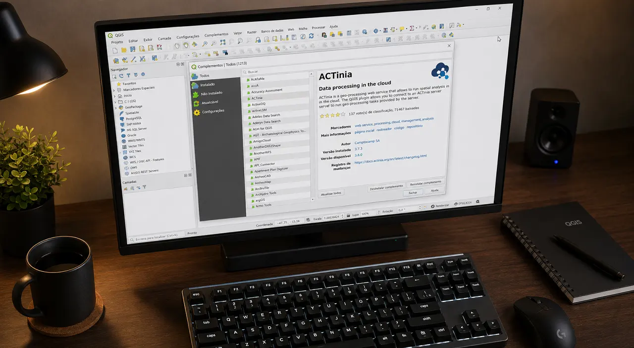 Gerenciador de plugins do QGIS aberto com lista de complementos disponíveis para instalação