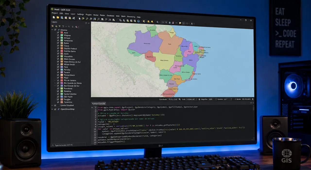 Python Console aberto no QGIS com script PyQGIS em execução e mapa do Brasil carregado ao fundo