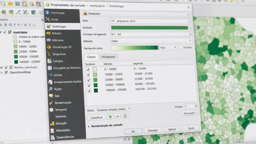 Configuração de simbologia graduada no QGIS com rampa de cor ColorBrewer e classificação em cinco classes
