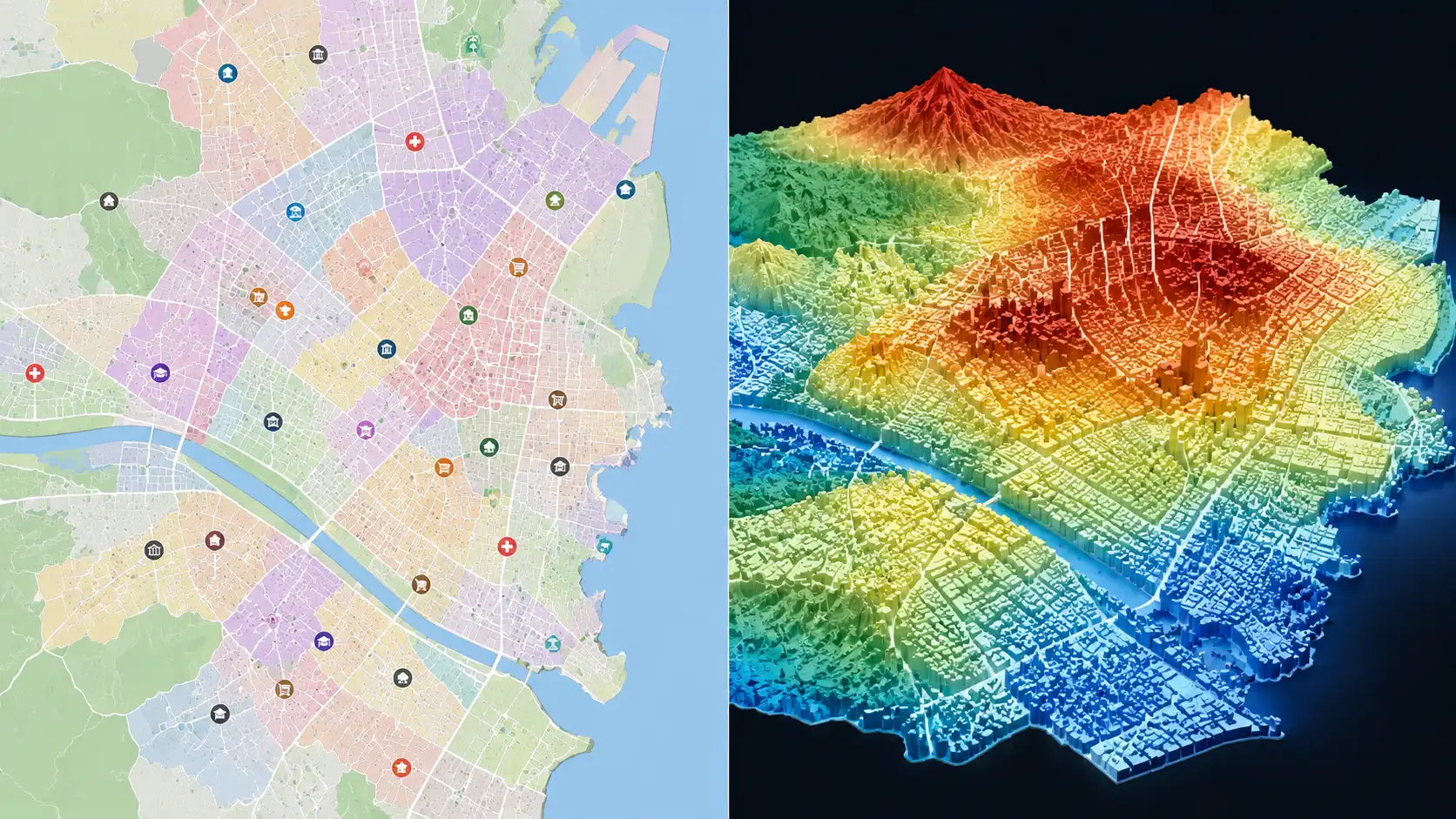 Comparativo entre visualização 2D padrão e visualização 3D gerada por plugin no QGIS
