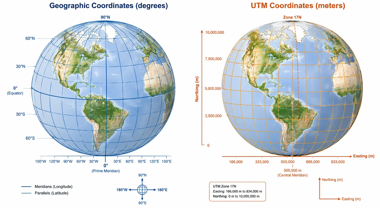 Ilustração comparativa entre sistema de coordenadas geográficas e projeção UTM aplicados ao território brasileiro