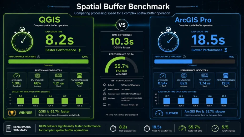 Comparação de tempo de execução entre QGIS e ArcGIS em operação de buffer