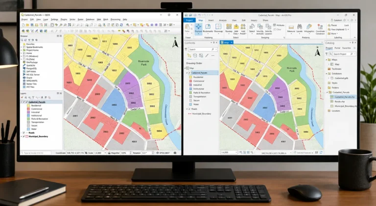 Mesmo shapefile aberto lado a lado no QGIS e no ArcGIS Pro