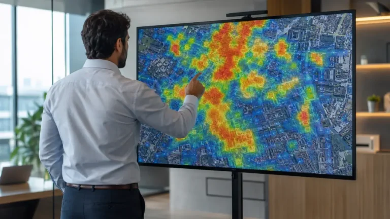 Analista observando mapa de calor de densidade populacional para escolher ponto comercial com geomarketing