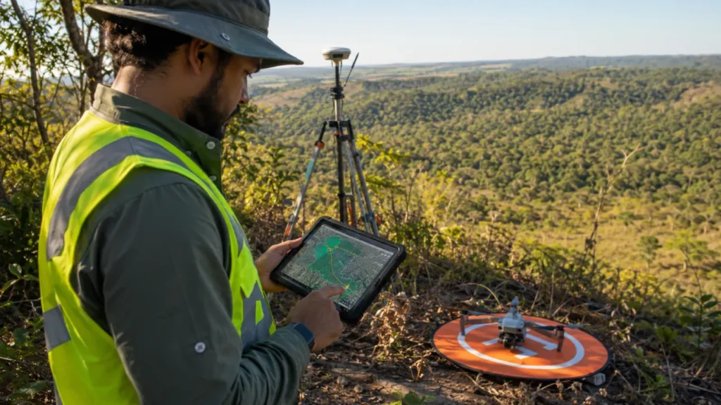 Profissional de geoprocessamento em campo para laudo ambiental