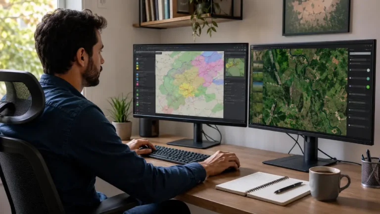 Profissional comparando QGIS e Google Earth Engine em duas telas de computador no home office