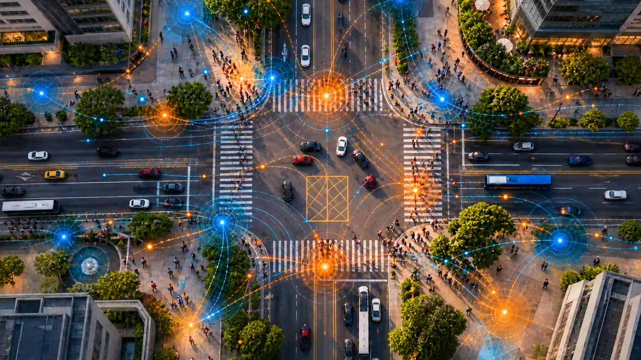 Vista aérea de cruzamento urbano com círculos de raio de influência representando análise espacial de geomarketing