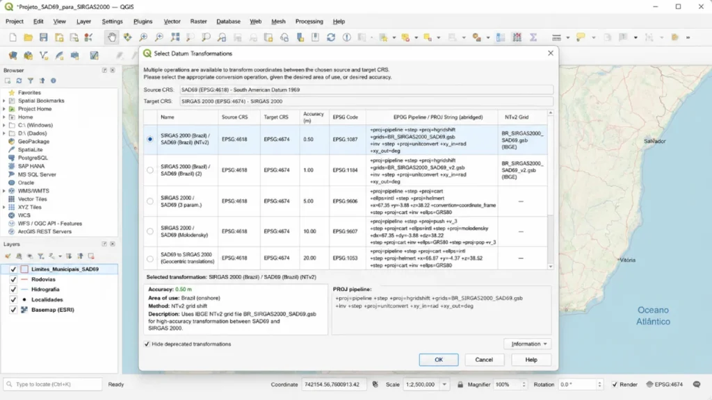 Janela de Transformações de Coordenadas do Projeto no QGIS mostrando operações candidatas