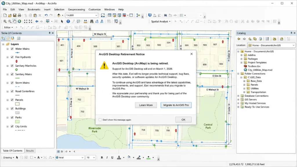 Tela de aviso de aposentadoria do ArcGIS Desktop