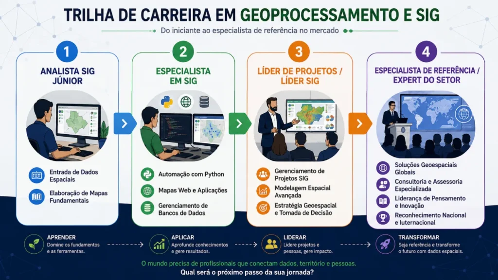 "Linha do tempo de carreira em geoprocessamento do júnior à referência
