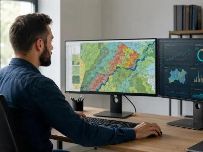 Profissional de geoprocessamento analisando mapas e dados espaciais em ambiente de trabalho técnico