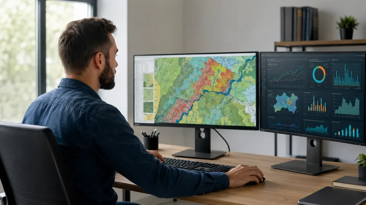 Profissional de geoprocessamento analisando mapas e dados espaciais em ambiente de trabalho técnico