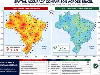 Diferença de precisão entre transformação de 3 parâmetros e grade NTv2 no Brasil