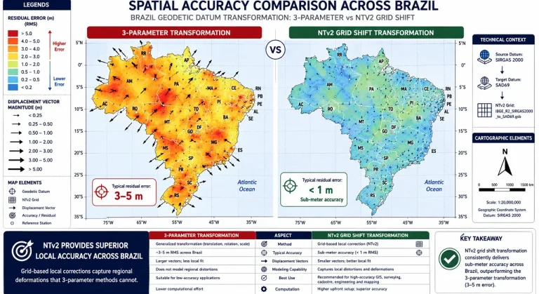 Diferença de precisão entre transformação de 3 parâmetros e grade NTv2 no Brasil