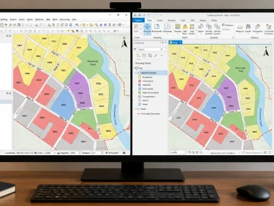 Mesmo shapefile aberto lado a lado no QGIS e no ArcGIS Pro
