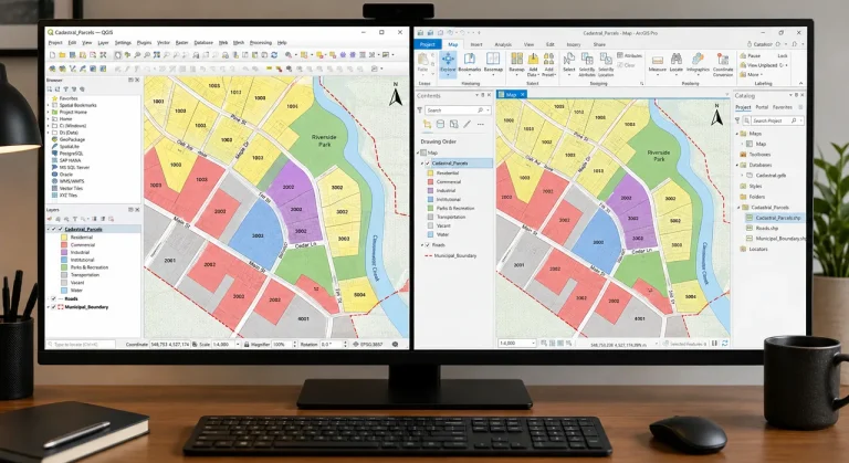 Mesmo shapefile aberto lado a lado no QGIS e no ArcGIS Pro