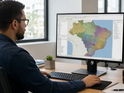 Tela do QGIS exibindo malha municipal do Brasil com camadas vetoriais coloridas por estado