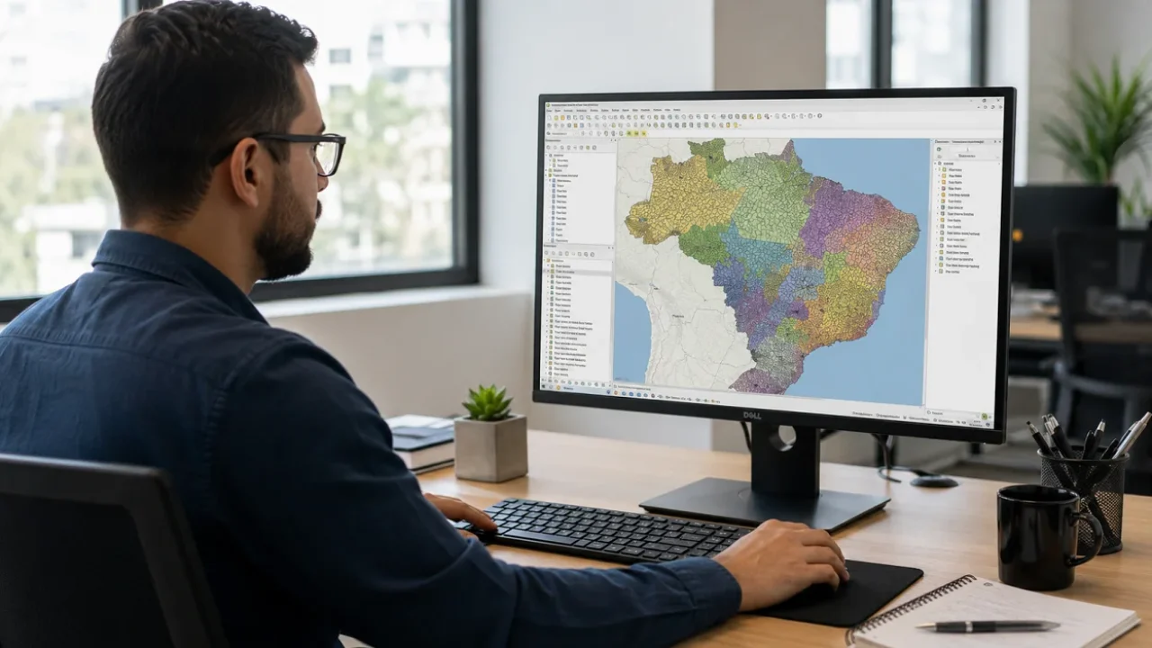 Tela do QGIS exibindo malha municipal do Brasil com camadas vetoriais coloridas por estado