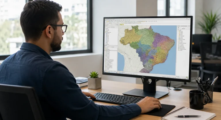 Tela do QGIS exibindo malha municipal do Brasil com camadas vetoriais coloridas por estado