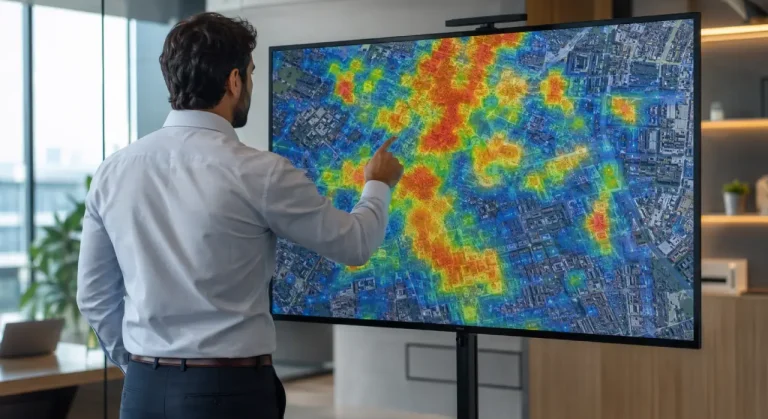 Analista observando mapa de calor de densidade populacional para escolher ponto comercial com geomarketing