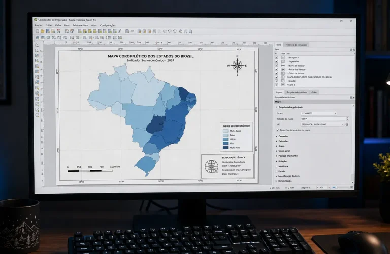 Compositor de Impressão do QGIS com layout finalizado de mapa temático coroplético do Brasil
