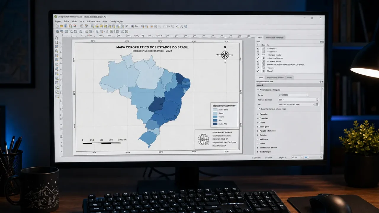 Compositor de Impressão do QGIS com layout finalizado de mapa temático coroplético do Brasil