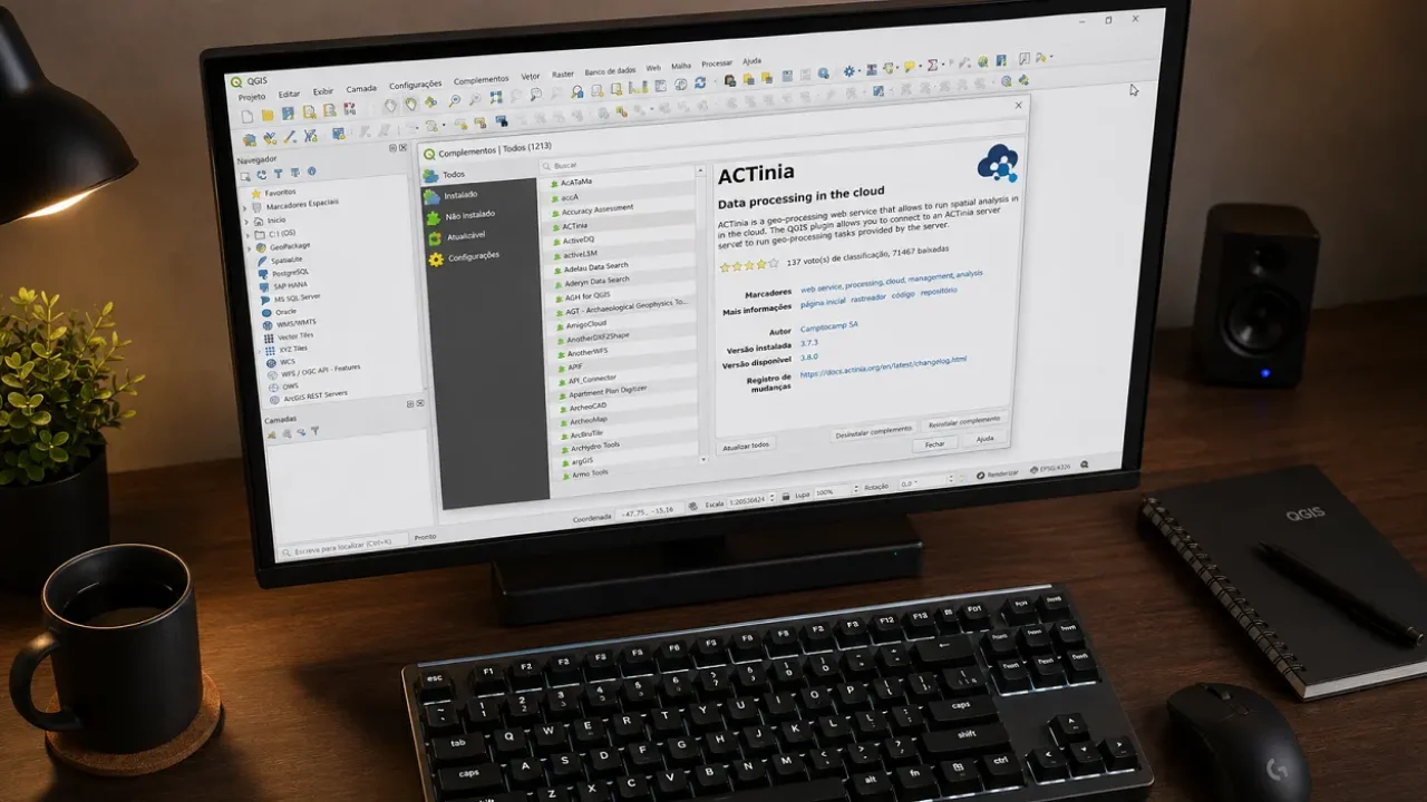 Gerenciador de plugins do QGIS aberto com lista de complementos disponíveis para instalação