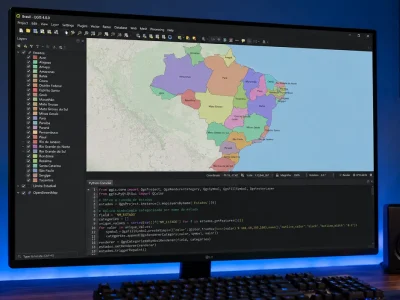 Python Console aberto no QGIS com script PyQGIS em execução e mapa do Brasil carregado ao fundo