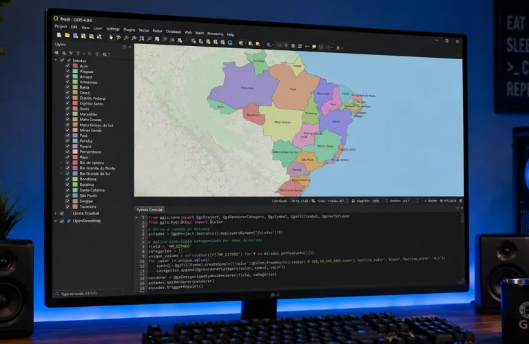 Python Console aberto no QGIS com script PyQGIS em execução e mapa do Brasil carregado ao fundo