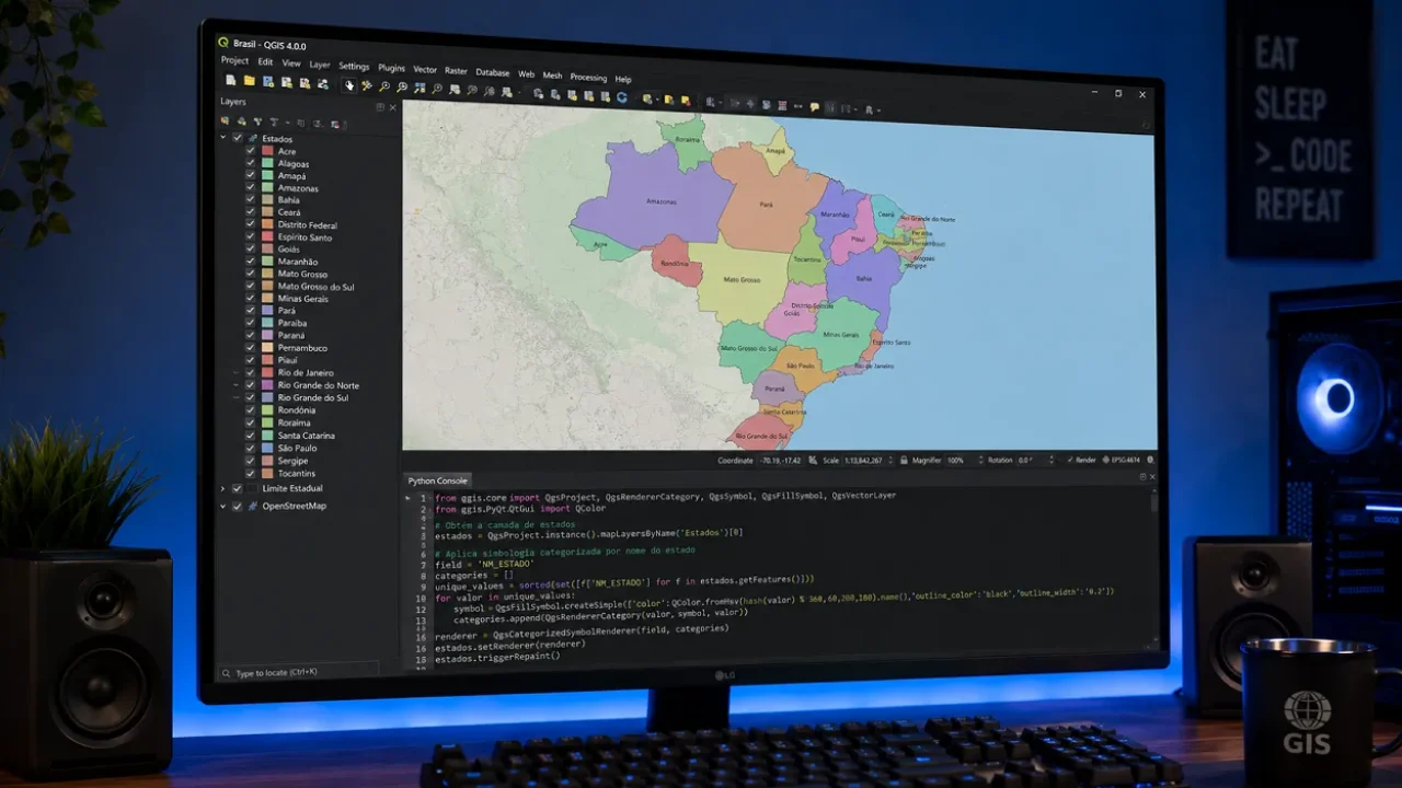 Python Console aberto no QGIS com script PyQGIS em execução e mapa do Brasil carregado ao fundo