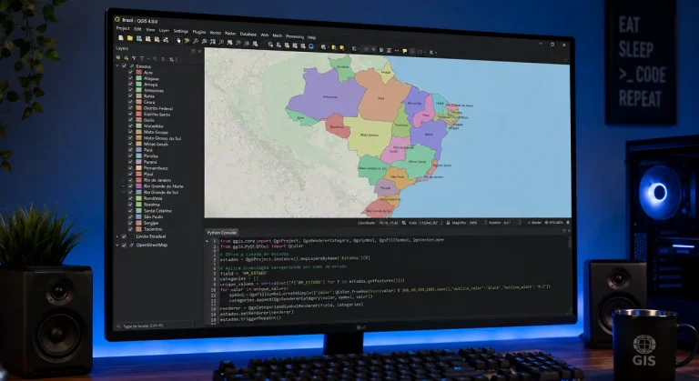 Python Console aberto no QGIS com script PyQGIS em execução e mapa do Brasil carregado ao fundo