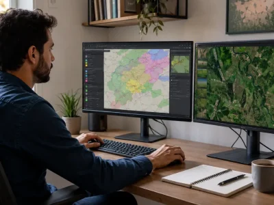 Profissional comparando QGIS e Google Earth Engine em duas telas de computador no home office