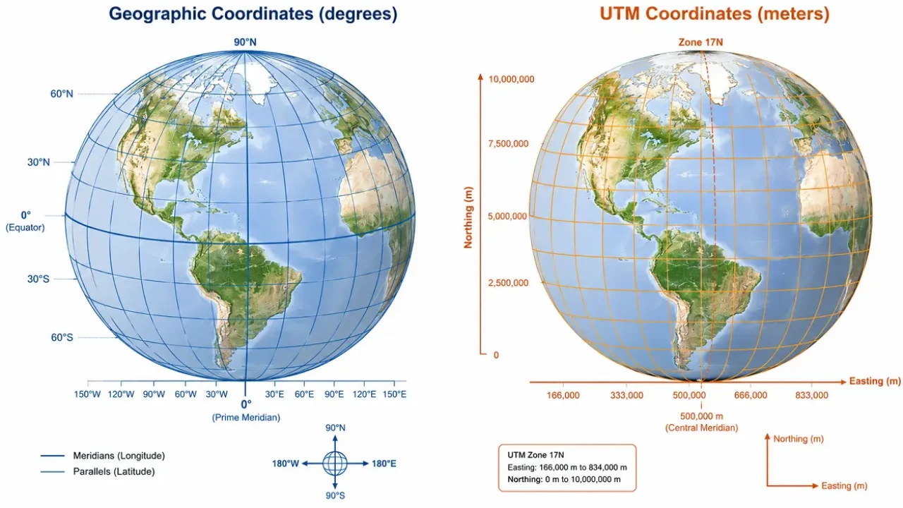 Ilustração comparativa entre sistema de coordenadas geográficas e projeção UTM aplicados ao território brasileiro