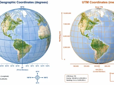Ilustração comparativa entre sistema de coordenadas geográficas e projeção UTM aplicados ao território brasileiro