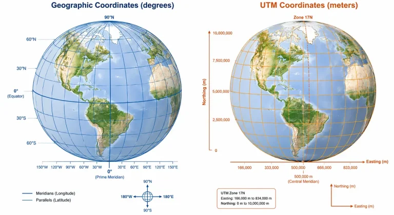 Ilustração comparativa entre sistema de coordenadas geográficas e projeção UTM aplicados ao território brasileiro